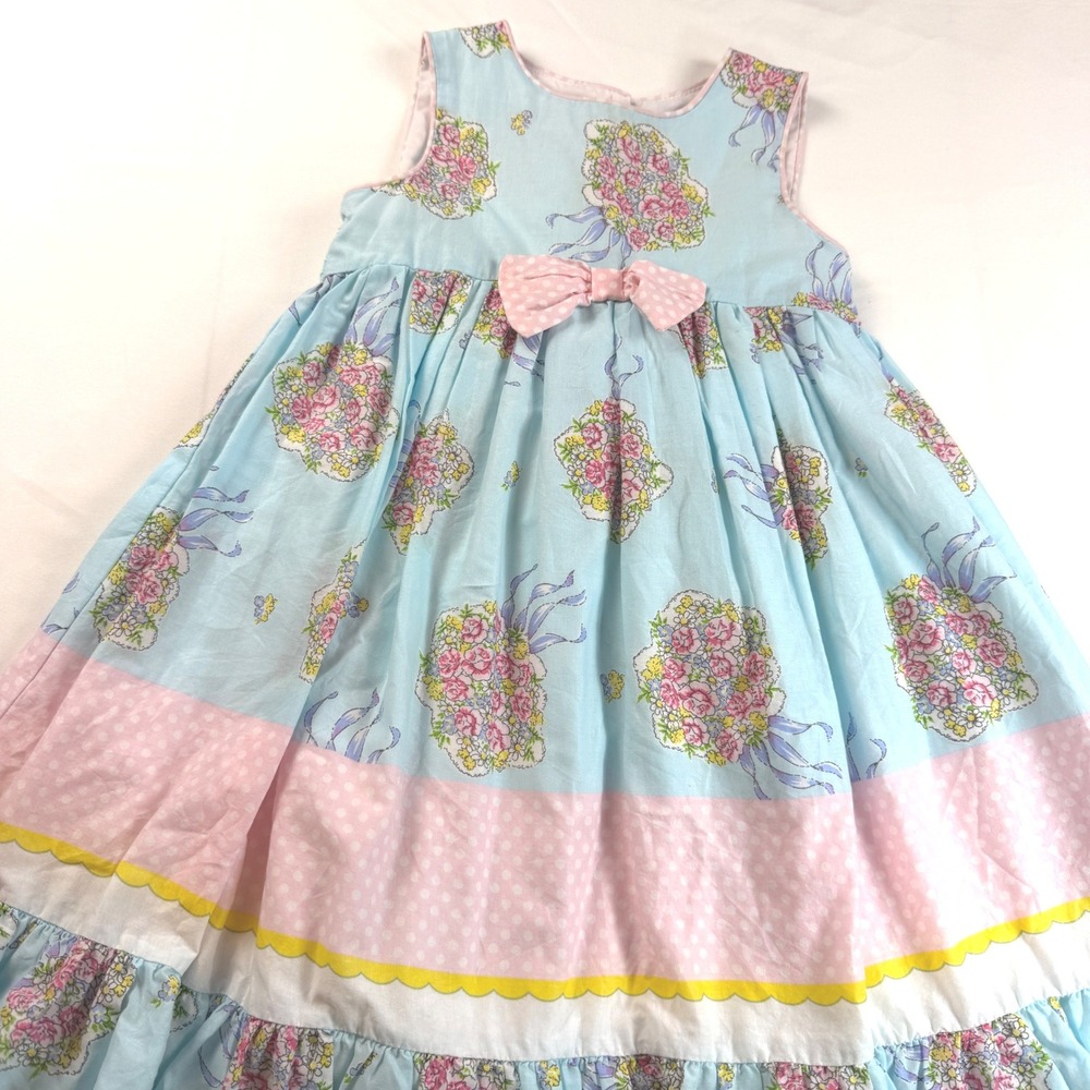 Laura Ashley Dress Girls 4 Blue Floral Polka Dot Sleeveless Bow Y2K Girls EUC